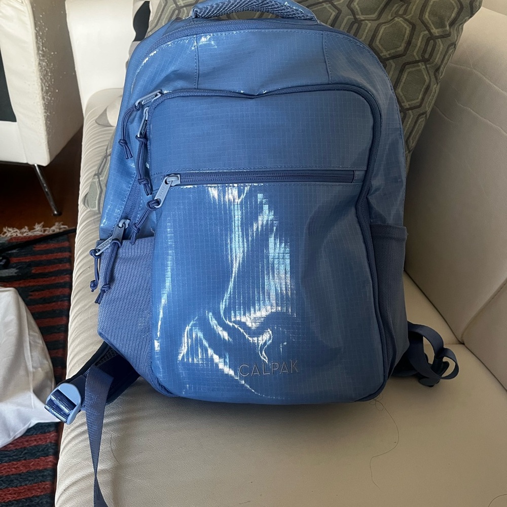 Calpak Blue Glossy Backpack with Adjustable Straps